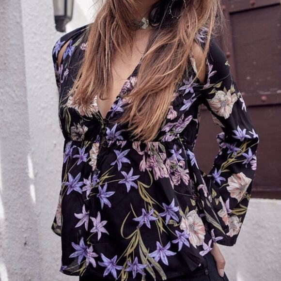 Jaase Cold Shoulder Floral Blouse Button Down - Picture 1 of 11